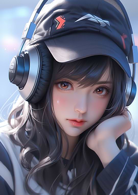 Anime Girl with Headphones and Cap