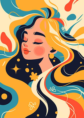 Girl with Flowing Hair Beautiful Abstract Art Minimalist Illustration