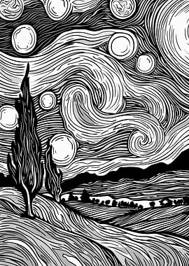 Monochrome Starry Night Landscape