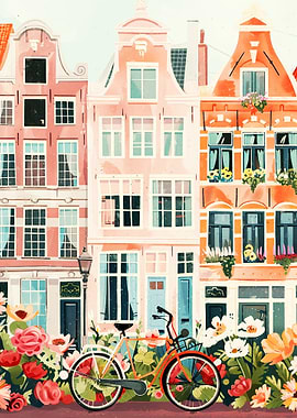 Amsterdam Houses and Bicycle Art