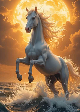 White Horse Rearing in Ocean