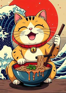 Happy Cat Eating Ramen Noodle Retro Japan Pattern Adorable Illustration