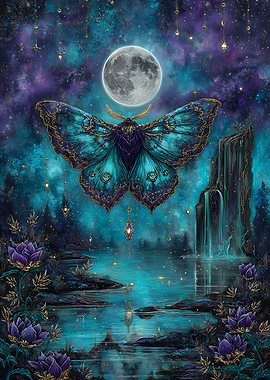 Mystical Moth and Moonlit Lake