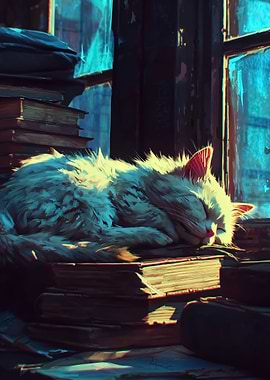 Cat Nap on Books by Window