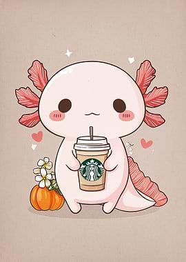 Cute Axolotl with Starbucks Coffee