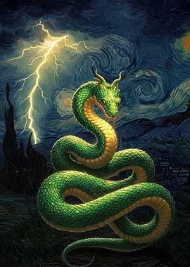 Green Dragon in Starry Night Style
