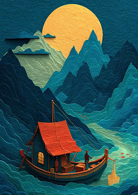 Fishing Boat in Mountainous Landscape