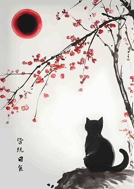 Black Cat Under Cherry Blossom Tree
