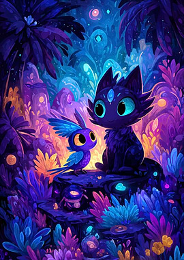 Fantasy Cat and Bird in Jungle