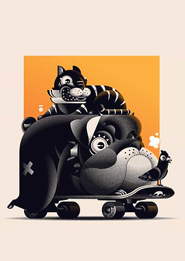 Cat, Dog, and Bird on Skateboard