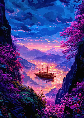 Cherry Blossoms and Boat at Sunset