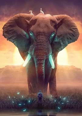 Giant Elephant and Man at Sunset