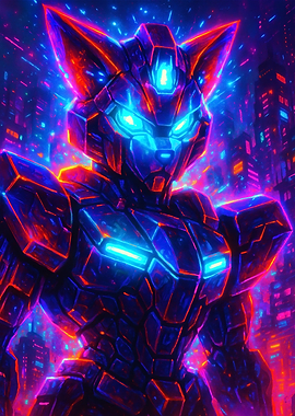 Cyberpunk Robotic red panda in Neon City