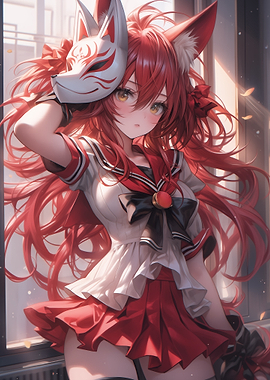 Anime Girl with Fox Mask
