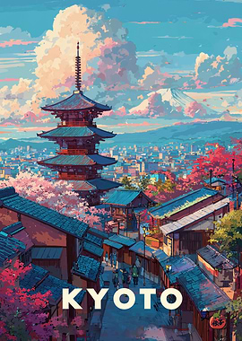 Kyoto Cityscape with Pagoda and Mountain