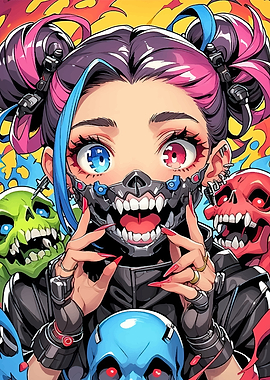 Anime Girl with Skull Mask and Skulls