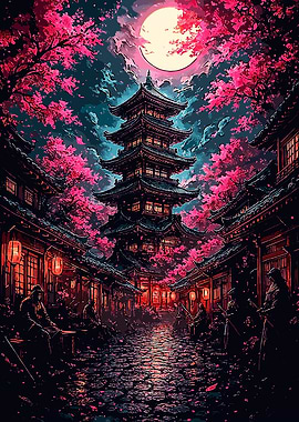 Japanese Pagoda with Cherry Blossoms
