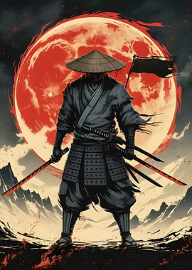 Samurai Warrior with Red Moon