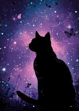 Cat Under Starry Sky