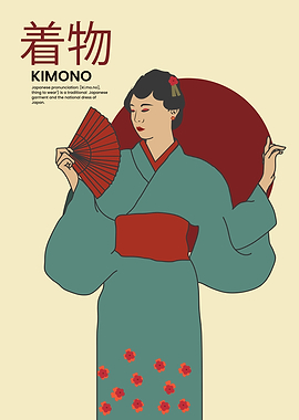 Kimono Illustration with Japanese Woman