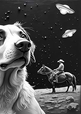 Dog, Cowboy, Horse, and UFOs, French Dog Selfie UFO Alien Encounter