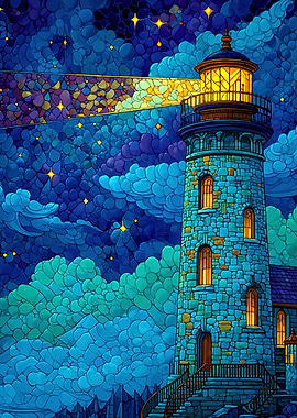 Blue Lighthouse at Night