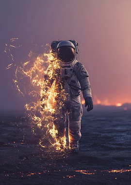 Surreal Astronaut Fire Fusion in Space Symbolizing Cosmic Transformation
