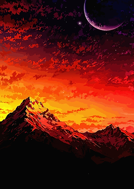 Fiery Mountain Landscape with Crescent Moon