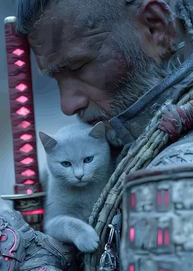 Warrior with Cat and Glowing Sword