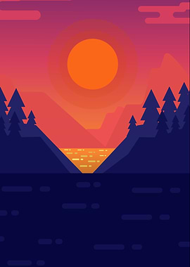 Flat Design Sunset Landscape