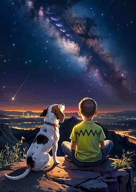 Boy and Dog Stargazing