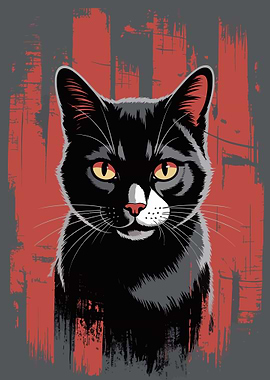 Black Cat Portrait with Red Backdrop