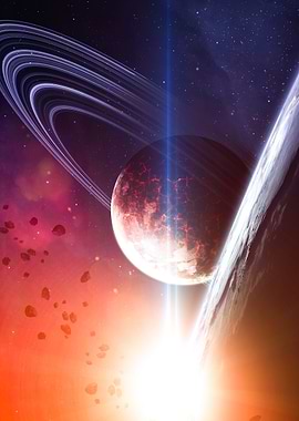 Dramatic Space Scene with Planets and Rings