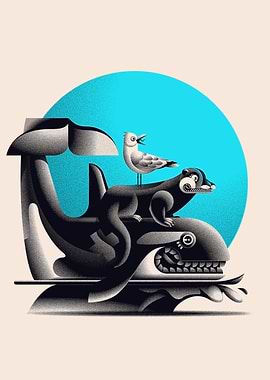 Whale, Otter, and Seagull Illustration