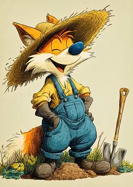 Cartoon Fox Farmer with Shovel