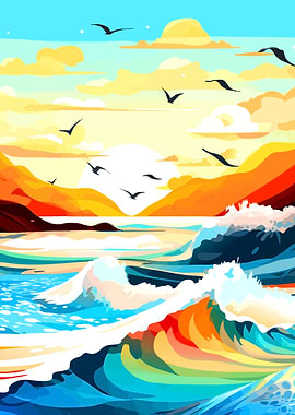 Colorful Ocean Waves and Birds