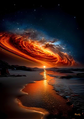 Celestial Firestorm at Sunset – Cosmic Galaxy Over Ocean