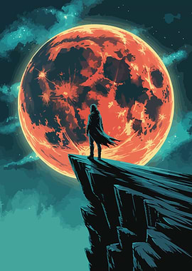 Silhouette on Cliff with Red Moon