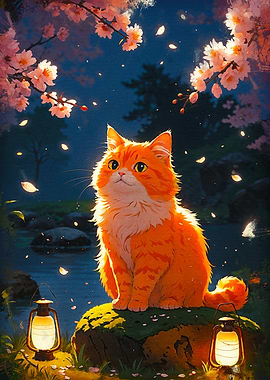 Orange Cat With Cherry Blossoms
