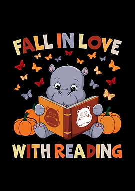 Hippo reading book with pumpkins Thanksgiving