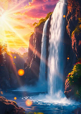 Waterfall Landscape with Sunlight