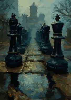Chess Pieces in Foggy Landscape