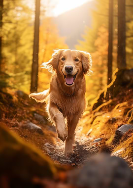 Golden Retriever Running in Autumn Forest