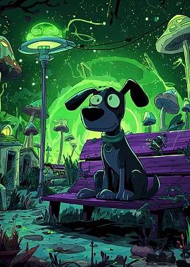 Cartoon Dog on Bench in Fantasy Setting