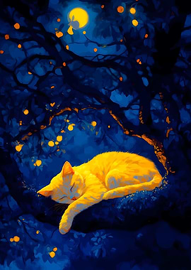 Sleeping Cat in Tree at Night