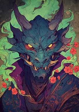 Blue Dragon with Flowers and Smoke