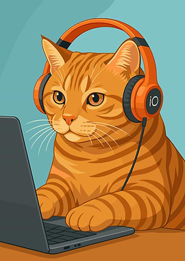 Cat with Headphones Using Laptop