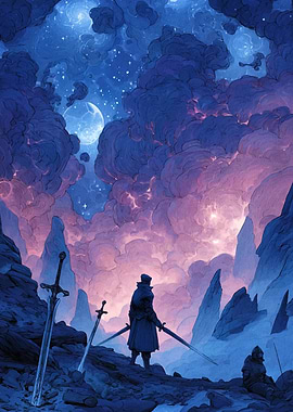 Swordsman Under a Starry Night Sky