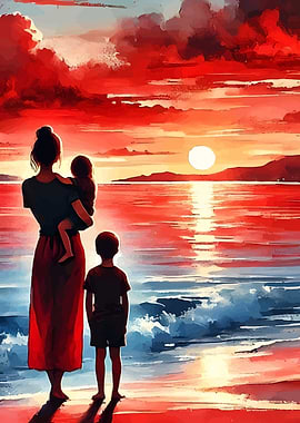 Mother and Children at Sunset Beach