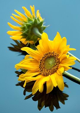 Two Sunflowers on Reflective Surface